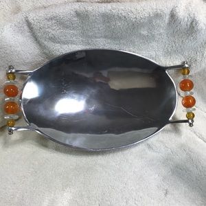 Argent Orefevres serving/salad dish, translucent pearl&disce handle, 17”x9.5”